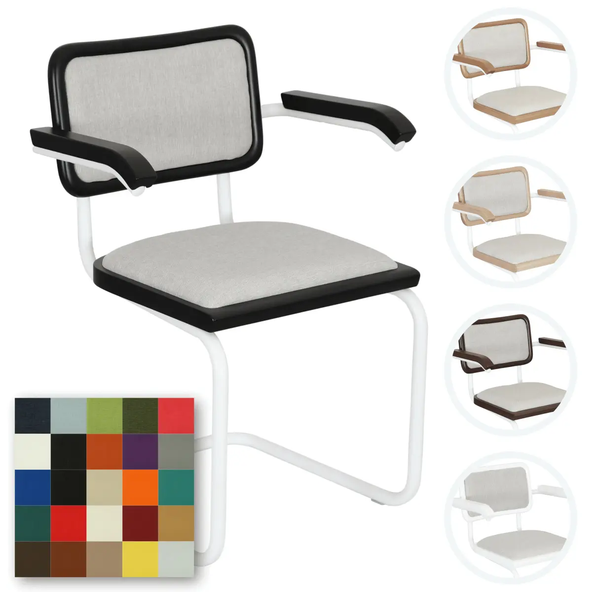 Breuer Chair Company Cesca Cushion Seat & Cushion Back Cantilever Armchair Arm Chair w/ White Frame (Various Wood Finishes & Upholstery Covers; Made in Italy)