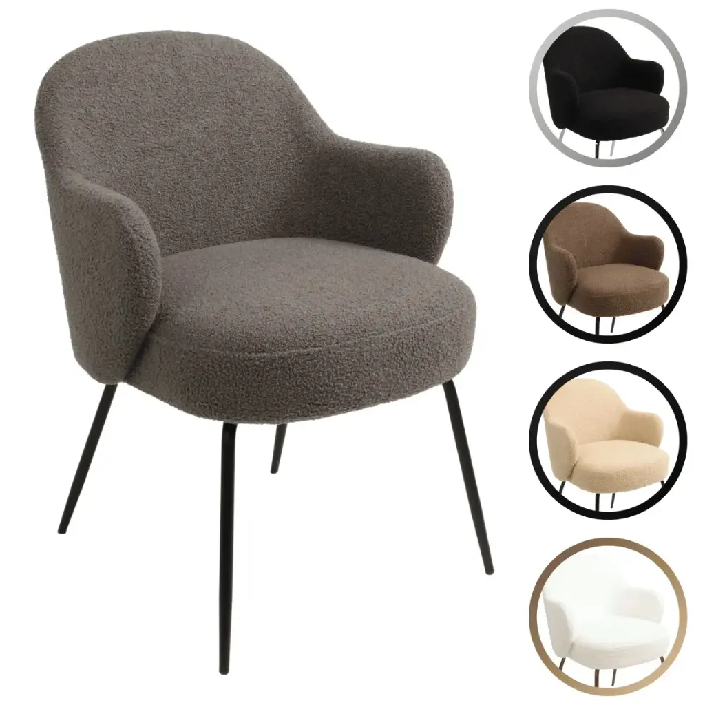 Furnish Theory Nordic Comfort Dining Armchair Arm Chair w/ Various Bouclé Fabric Upholstery Covers & Steel Leg Finishes (Designed in Denmark)