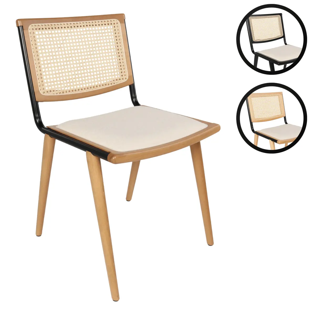 Breuer Chair Company Rereke Dining Side Chair w/ Cushion Padded Upholstered Seat, Beech Wood Cane Back, Steel Frame & Wooden Legs (Various Wood Finishes; Designed & Made in Italy)