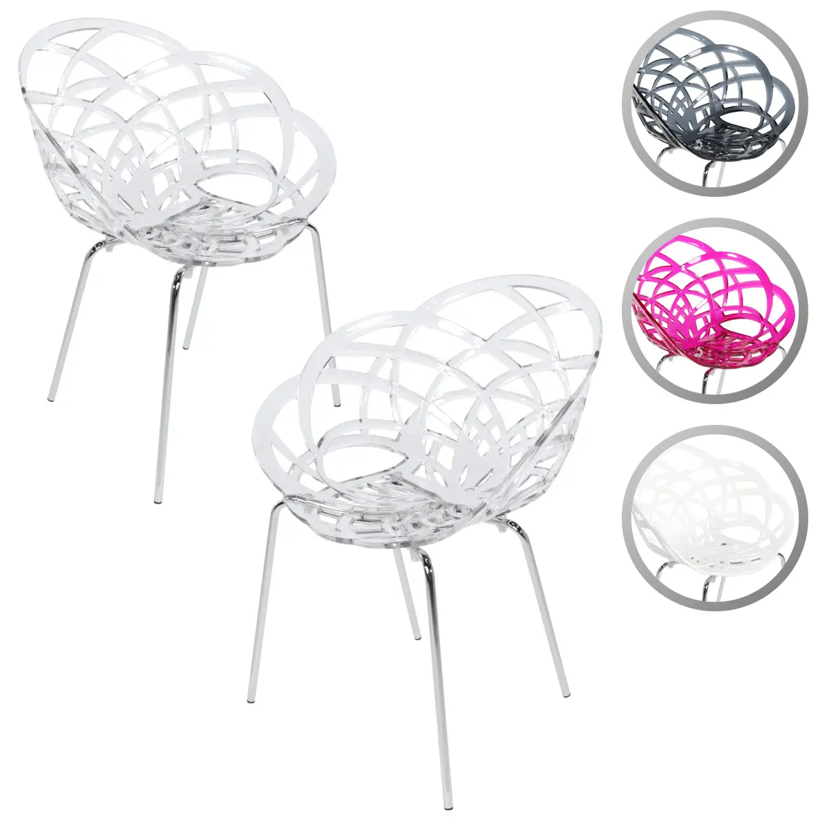 Furnish Theory Fleur-ML Stackable Dining Armchairs Arm Chairs w/ UV-Stabilized Polycarbonate Shell & Chrome-Plated Steel Legs (Various Colors; Made in Turkey; Set of 2)