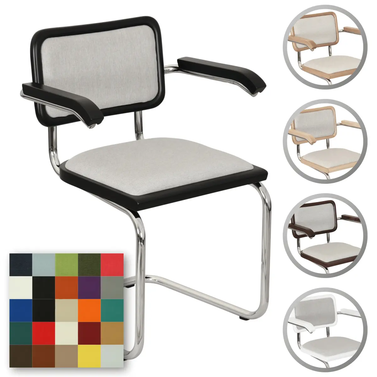 Breuer Chair Company Cesca Cushion Seat & Cushion Back Cantilever Armchair Arm Chair w/ Chrome Frame (Various Wood Finishes & Upholstery Covers; Made in Italy)