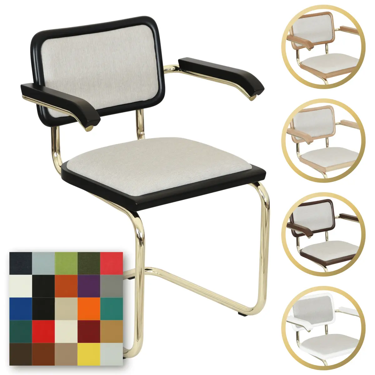 Breuer Chair Company Cesca Cushion Seat & Cushion Back Cantilever Armchair Arm Chair w/ Brass Frame (Various Wood Finishes & Upholstery Covers; Made in Italy)