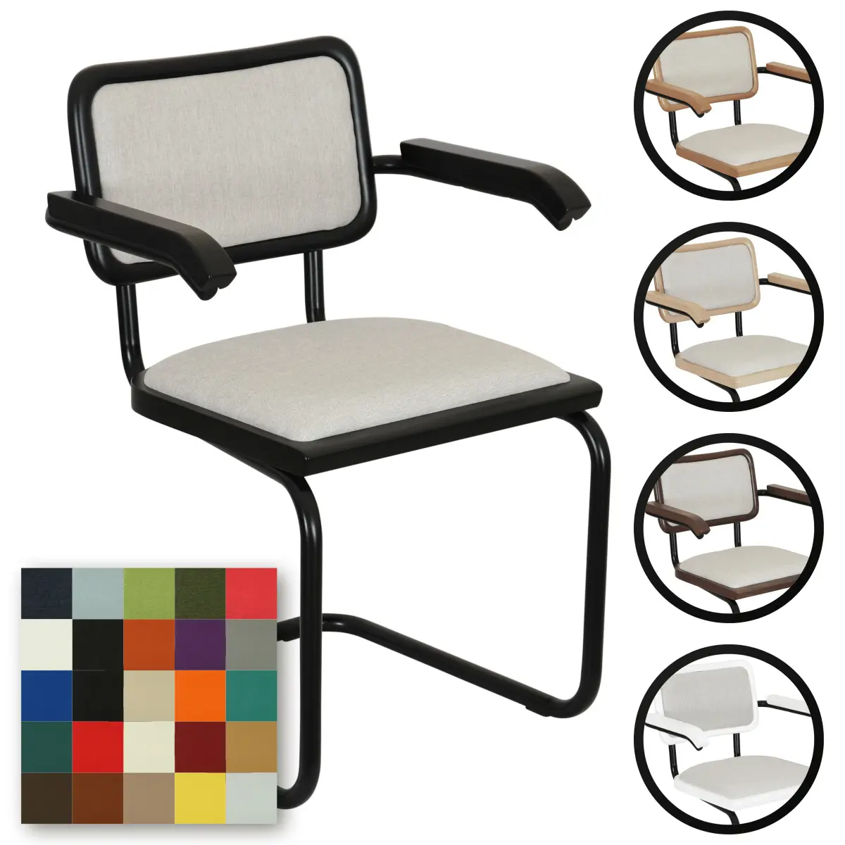 Breuer Chair Company Cesca Cushion Seat & Cushion Back Cantilever Armchair Arm Chair w/ Black Frame (Various Wood Finishes & Upholstery Covers; Made in Italy)