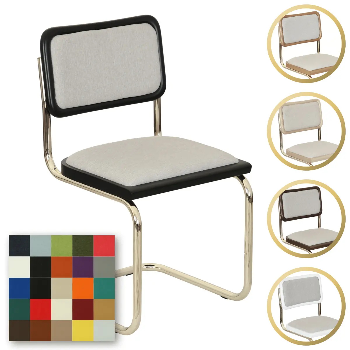 Breuer Chair Company Cesca Cushion Seat & Cushion Back Cantilever Side Chair w/ Brass Frame (Various Wood Finishes & Upholstery Covers; Made in Italy)