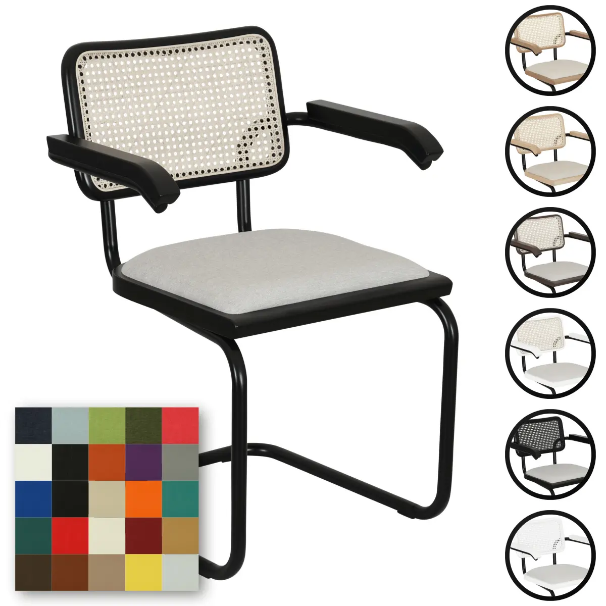 Breuer Chair Company Cesca Cushion Seat & Cane Back Cantilever Armchair Arm Chair w/ Black Frame (Various Wood Finishes, Cane Colors & Upholstery Covers; Made in Italy) (All Black, Angel-20-405-Fabric)
