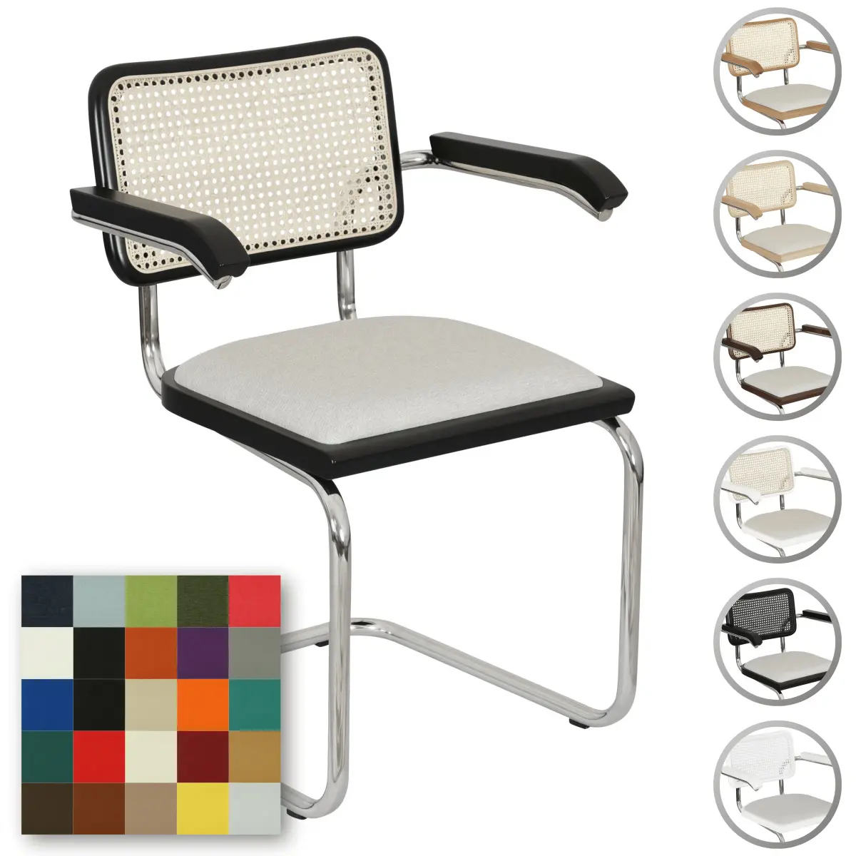 Breuer Chair Company Cesca Cushion Seat & Cane Back Cantilever Armchair Arm Chair w/ Chrome Frame (Various Wood Finishes, Cane Colors & Upholstery Covers; Made in Italy) (All Black, Angel-20-405-Fabric)