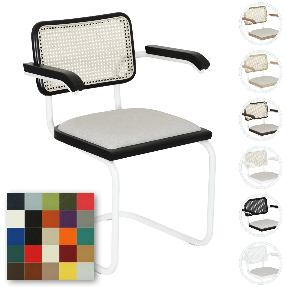 Breuer Chair Company Cesca Cushion Seat & Cane Back Cantilever Armchair Armchair w/ White Frame (Various Wood Finishes, Cane Colors & Upholstery Covers; Made in Italy)