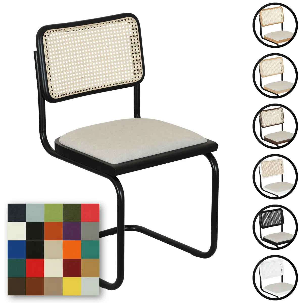 Breuer Chair Company Cesca Cushion Seat & Cane Back Cantilever Side Chair w/ Black Frame (Various Wood Finishes, Cane Colors & Upholstery Covers; Made in Italy)
