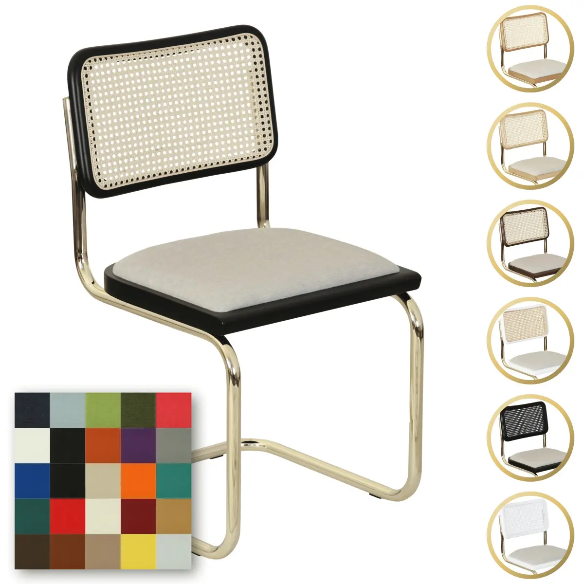 Breuer Chair Company Cesca Cushion Seat & Cane Back Cantilever Side Chair w/ Brass Frame (Various Wood Finishes, Cane Colors & Upholstery Covers; Made in Italy)