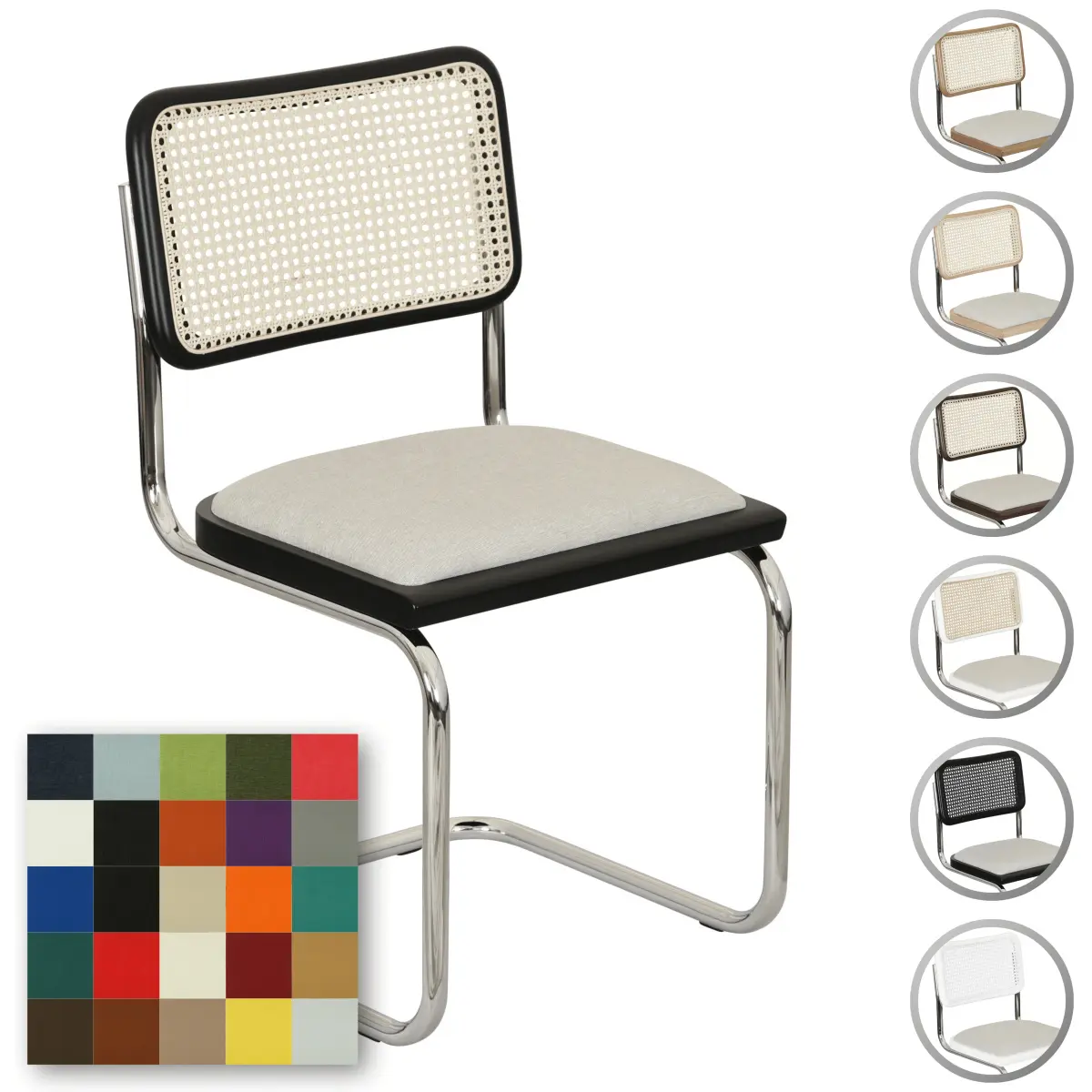 Breuer Chair Company Cesca Cushion Seat & Cane Back Cantilever Side Chair w/ Chrome Frame (Various Wood Finishes, Cane Colors & Upholstery Covers; Made in Italy)