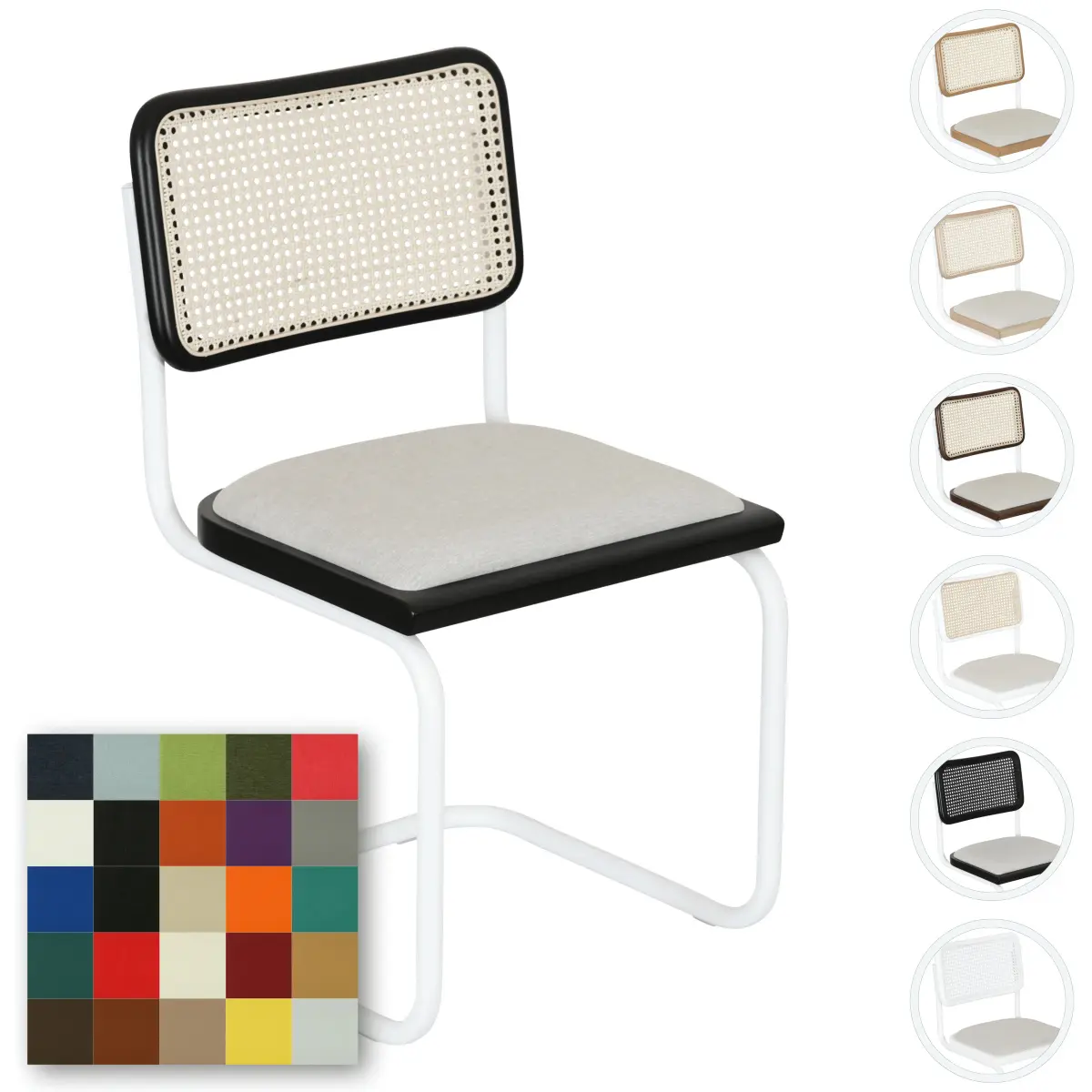 Breuer Chair Company Cesca Cushion Seat & Cane Back Cantilever Side Chair w/ White Frame (Various Wood Finishes, Cane Colors & Upholstery Covers; Made in Italy) (All Black, Angel-20-405-Fabric)